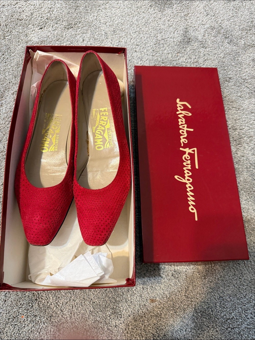 Vintage Salvatore Ferragamo Red Perforated Suede Pointed-Toe Pumps